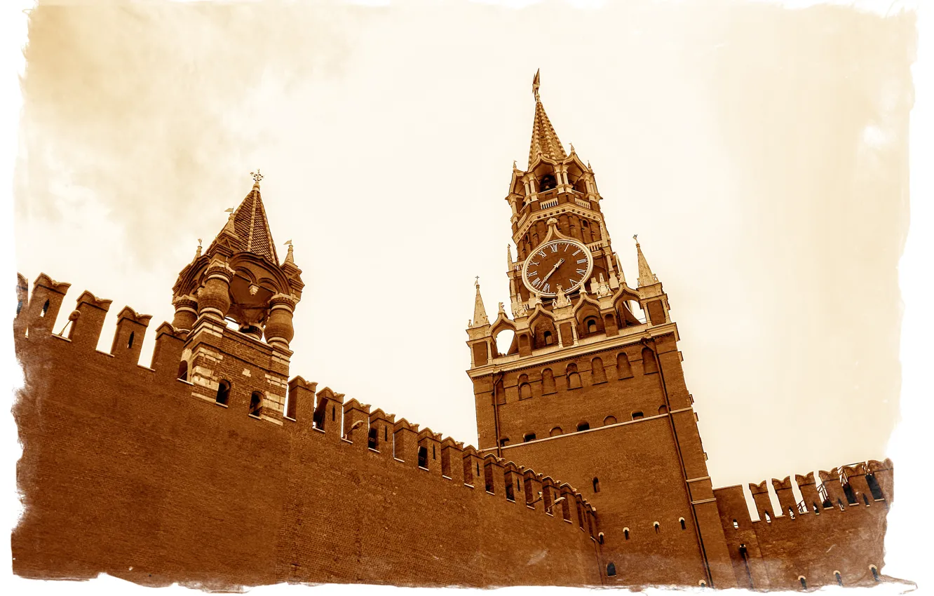Photo wallpaper Star, Moscow, Red Square, sepia, Red Square, Kide Fotoart, Spasskaya Tower