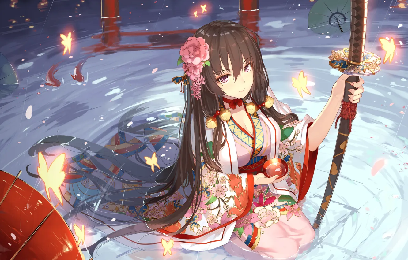 Photo wallpaper girl, sword, fantasy, weapon, anime, water, katana, brunette