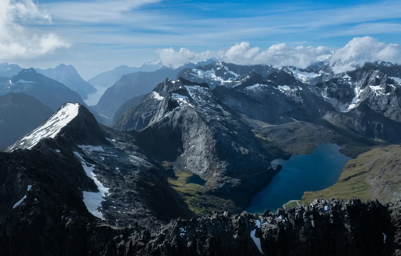 Photo wallpaper clouds, mountains, lake, New Zealand