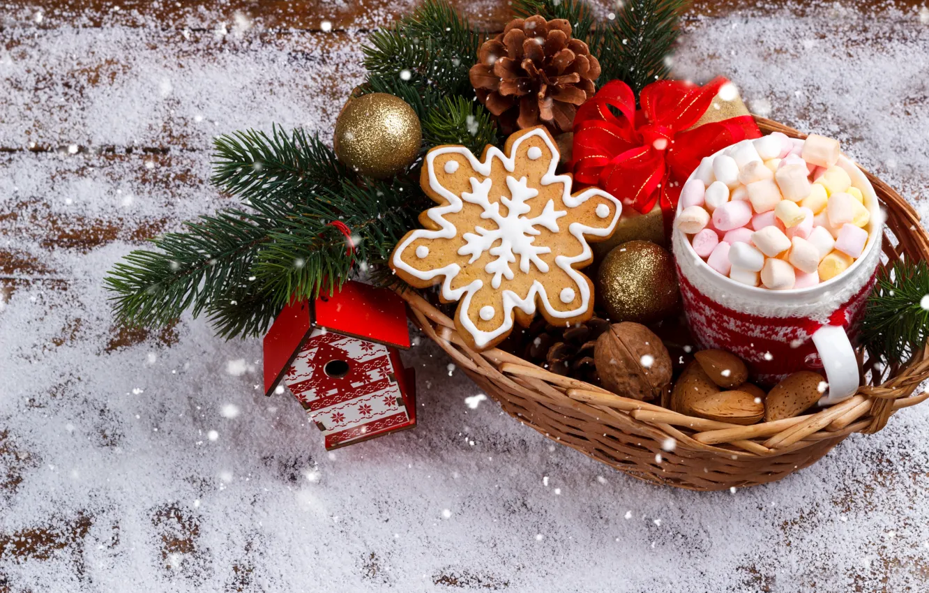 Photo wallpaper snow, New Year, cookies, Christmas, Christmas, wood, snow, New Year