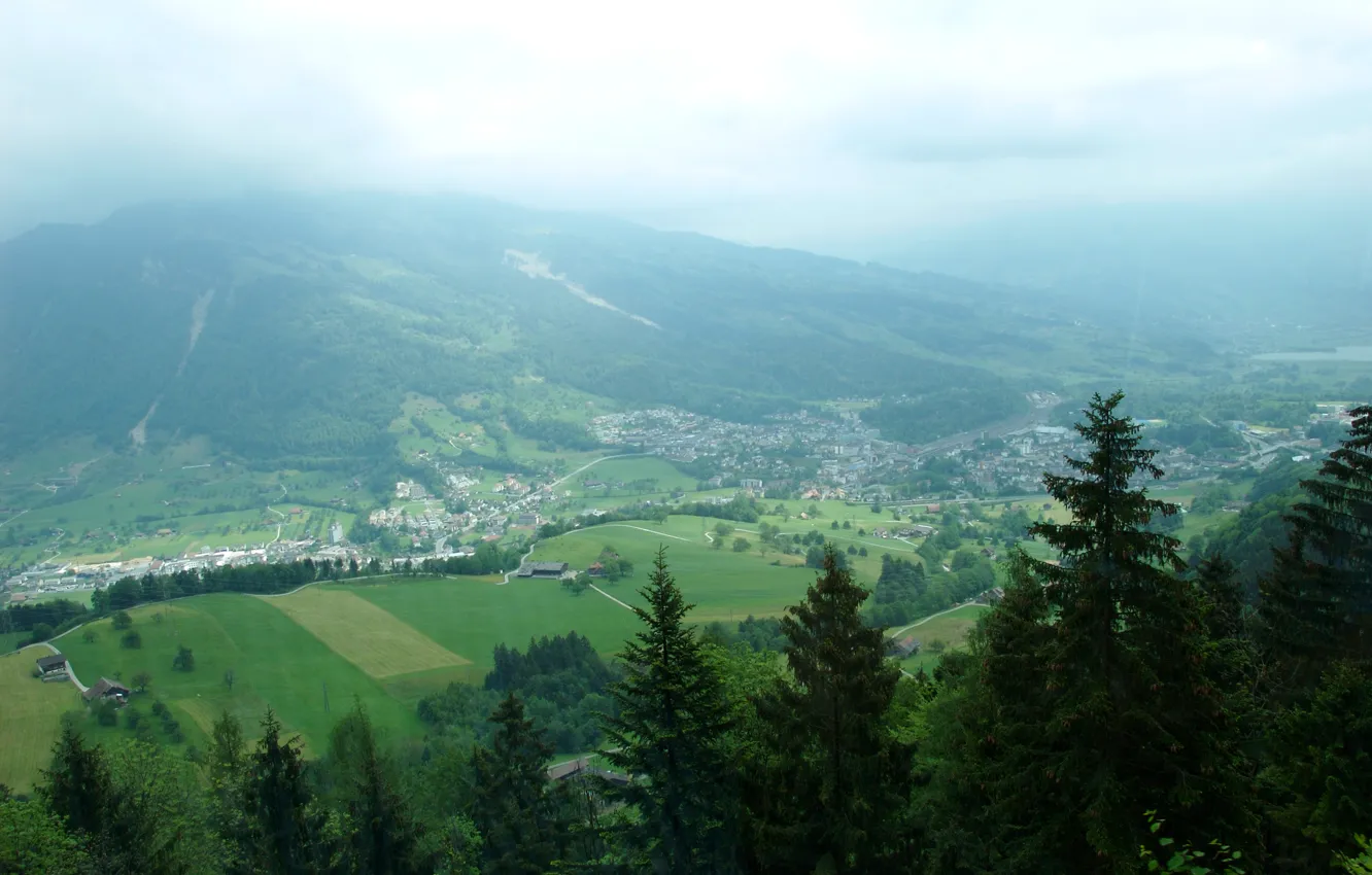 Photo wallpaper forest, clouds, trees, fog, Switzerland, valley, village, Switzerland