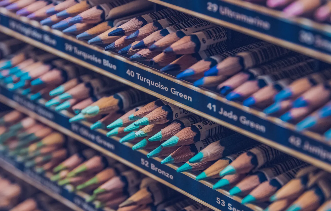 Photo wallpaper blue, blue, a lot, shelves, colored pencils
