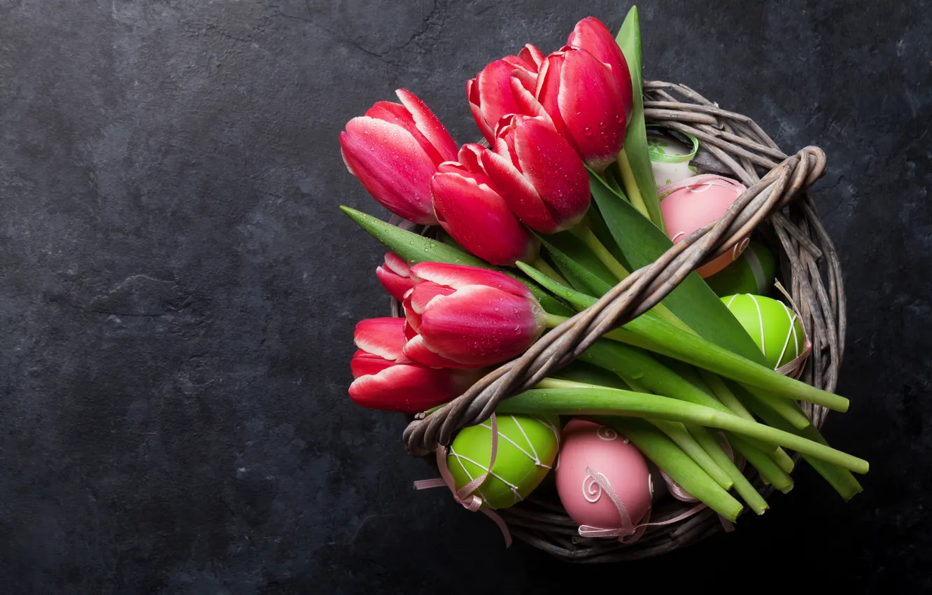 Photo wallpaper flowers, eggs, spring, colorful, Easter, tulips, red, wood