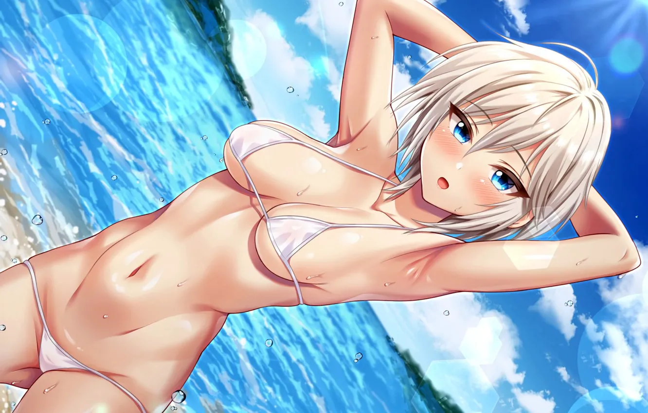 Photo wallpaper girl, sexy, wet, cleavage, beach, sea, boobs, anime