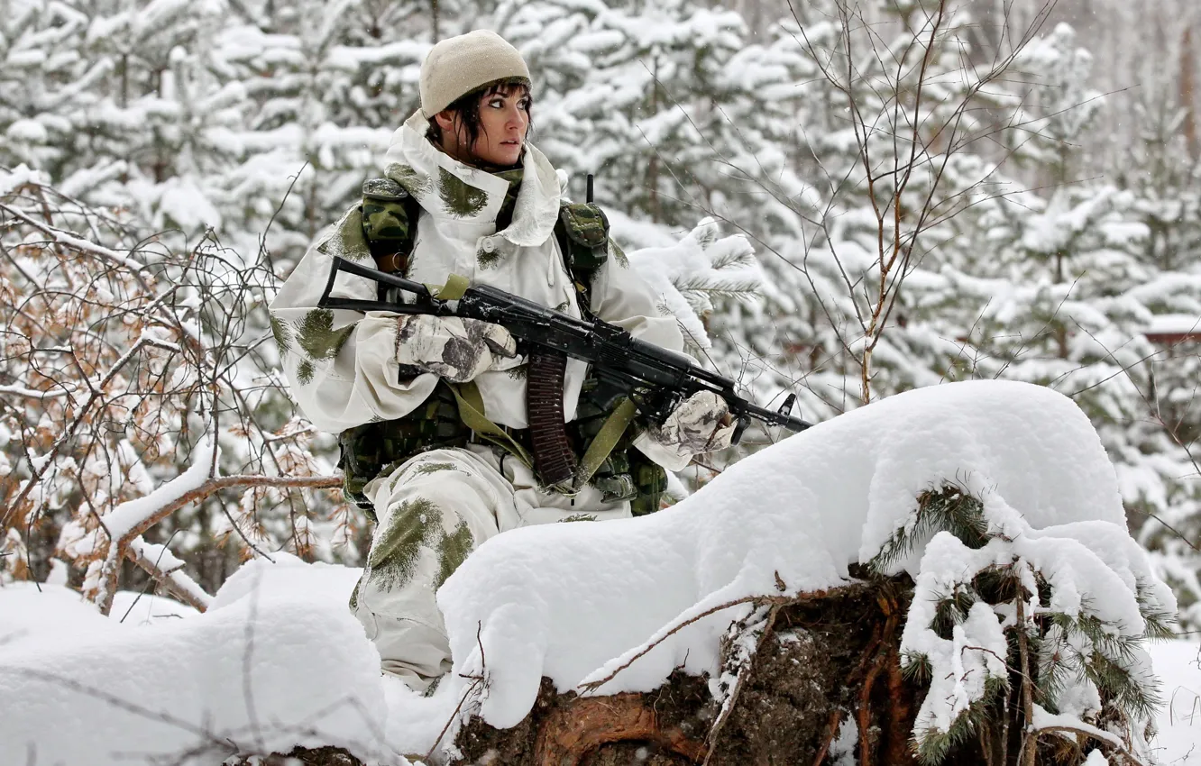 Photo wallpaper winter, forest, girl, snow, camouflage, Machine, AK-74, AK-74m