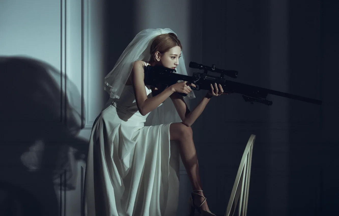 Photo wallpaper pose, model, the situation, sniper, Asian, the bride, rifle, veil