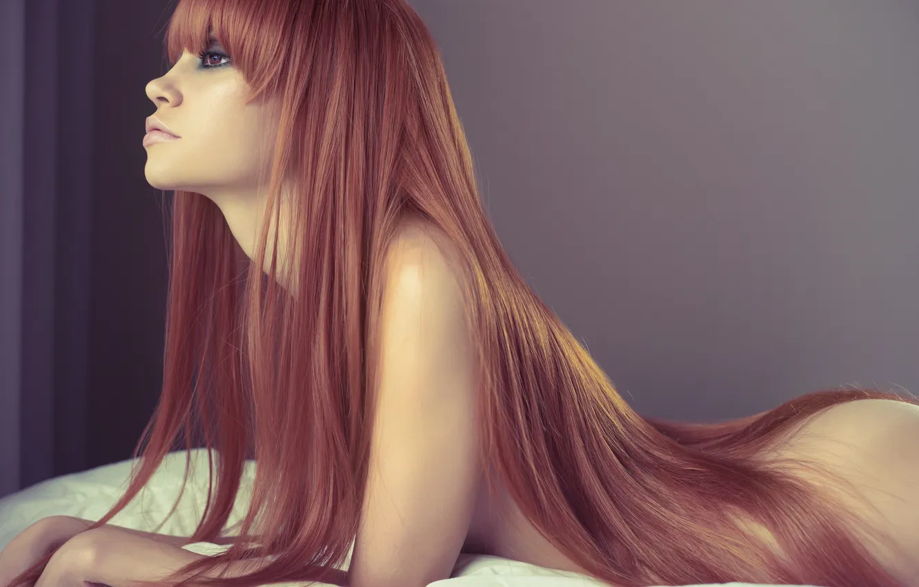 Photo wallpaper girl, bed, profile, red, long-haired