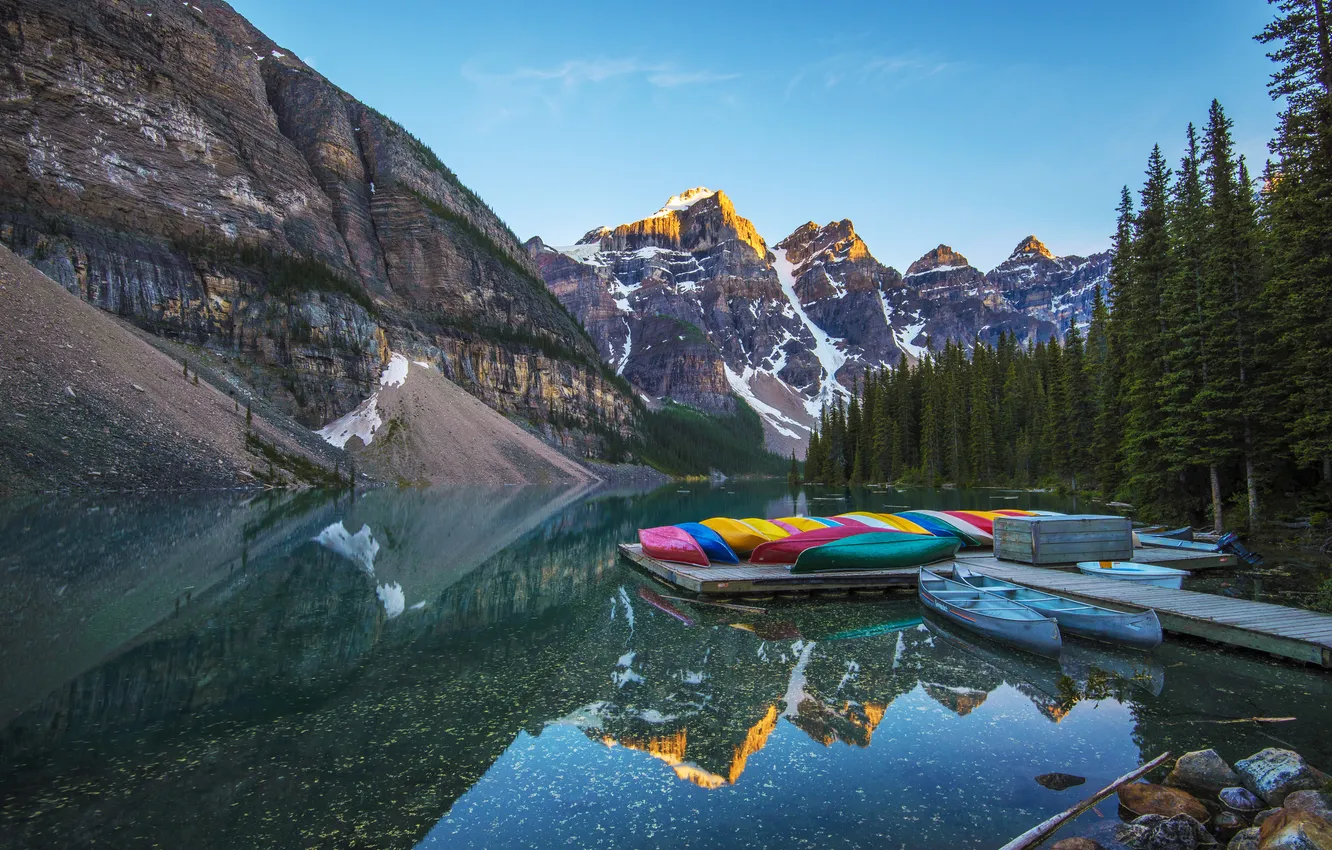 Photo wallpaper forest, mountains, lake, boat, the evening