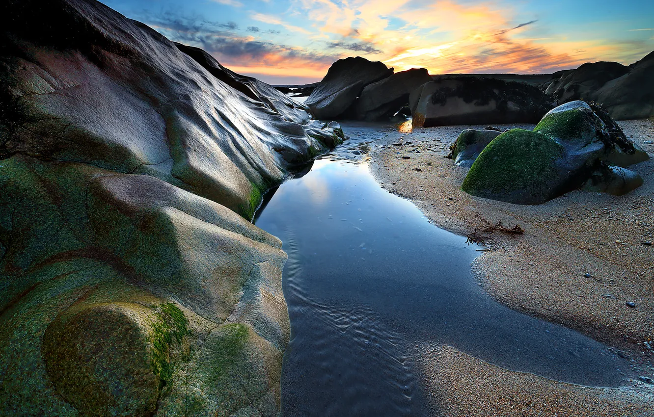 Photo wallpaper sea, the sky, clouds, sunset, stones, rocks, tide, boulders