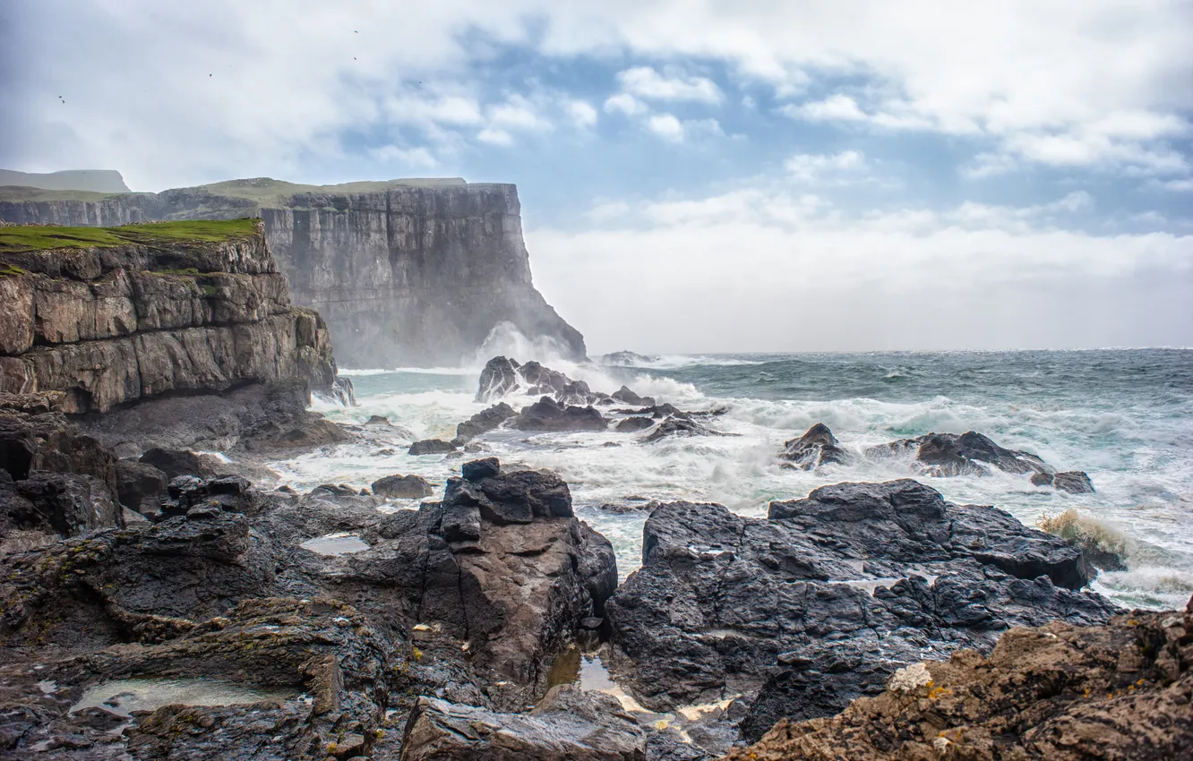 Photo wallpaper sea, wave, clouds, squirt, storm, stones, rocks