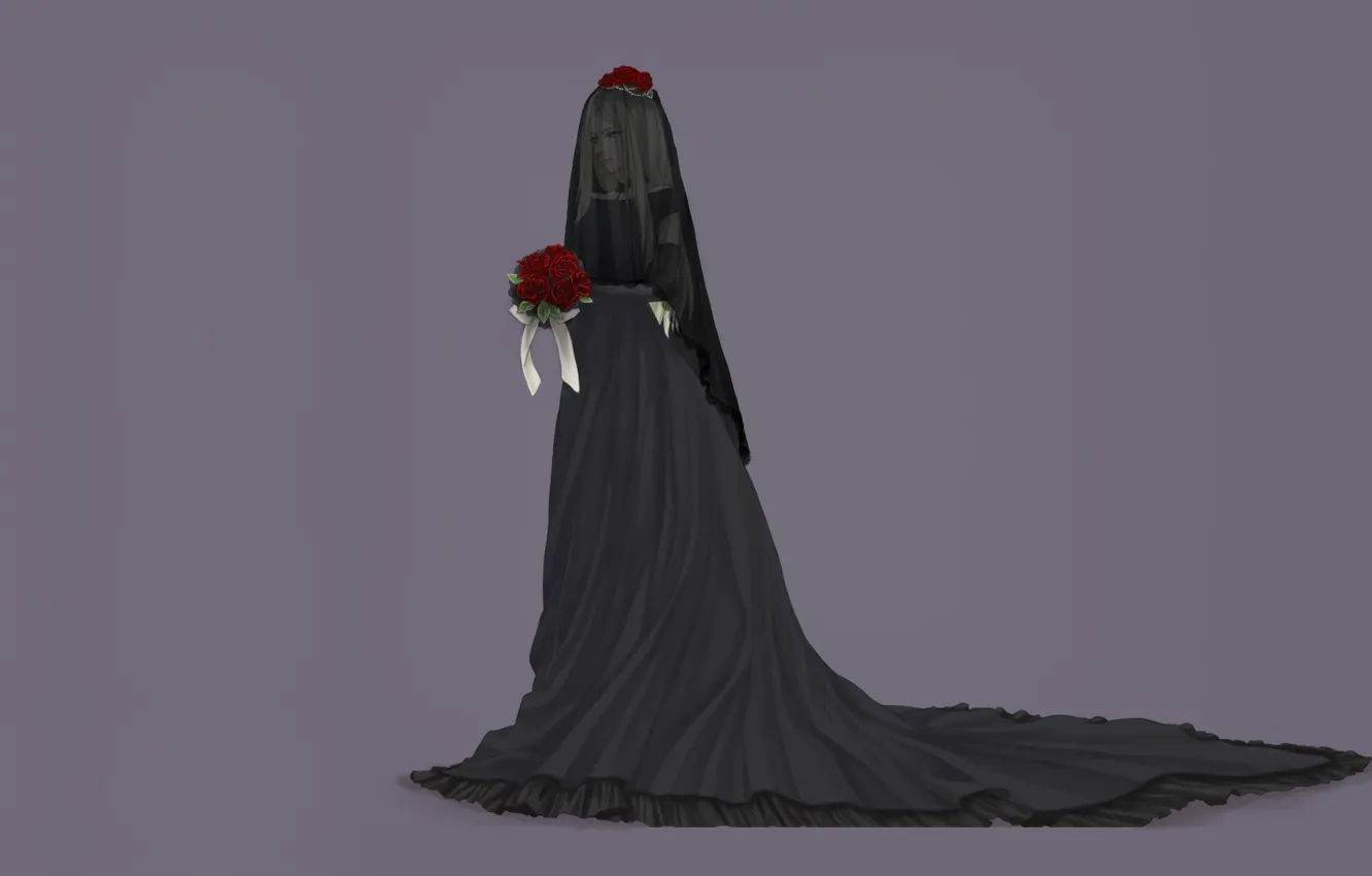Photo wallpaper loneliness, grey background, black dress, grief, Belarus, hetalia, a bouquet of roses, mourning