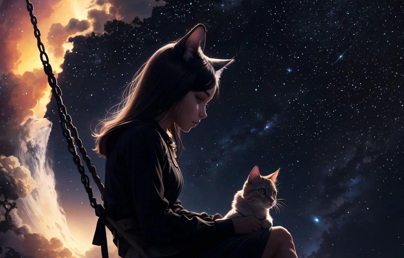 Photo wallpaper cat, the sky, cat, girl, space, stars, clouds, swing