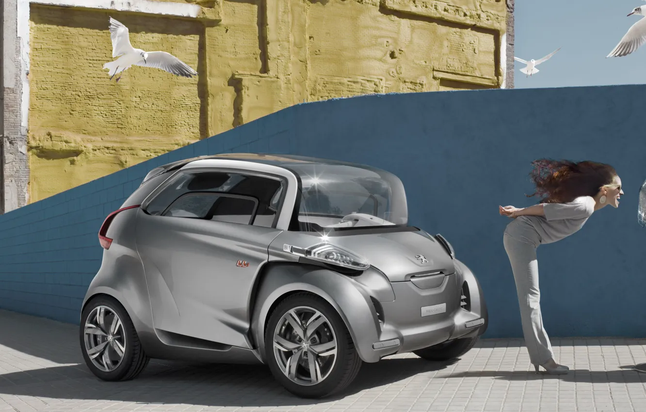 Photo wallpaper auto, girl, bird, fan, Peugeot