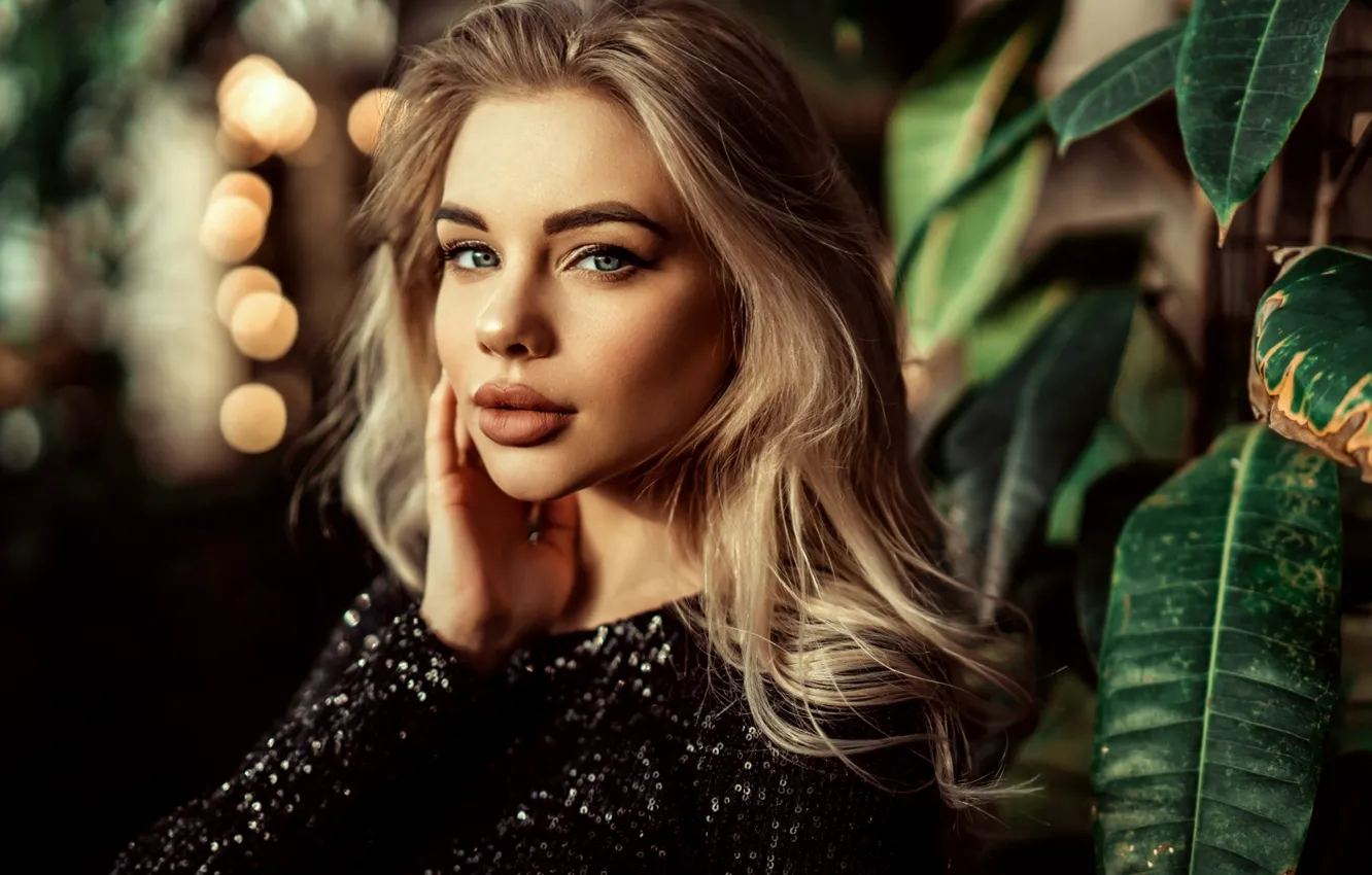 Photo wallpaper look, leaves, girl, portrait, makeup, blonde, bokeh, Elvin Zabirova