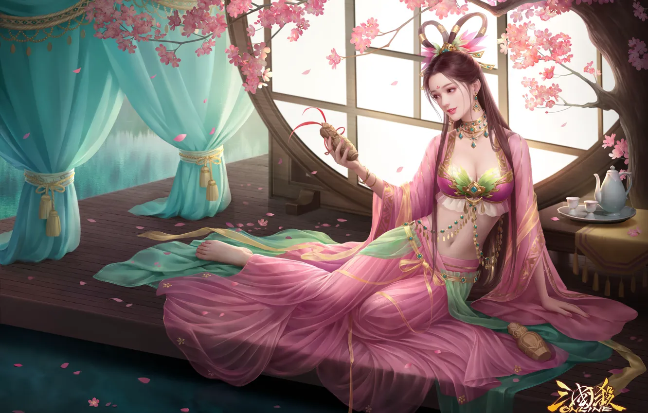Photo wallpaper girl, Sakura, traditional clothing, fan xiu