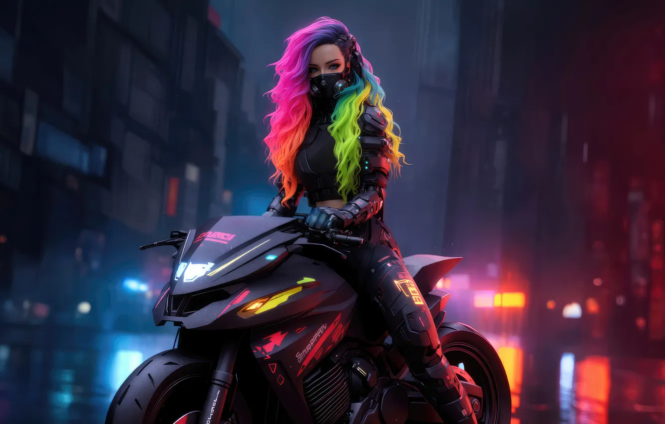 Photo wallpaper night, the city, lights, skyscrapers, hairstyle, bike, beautiful girl, digital art