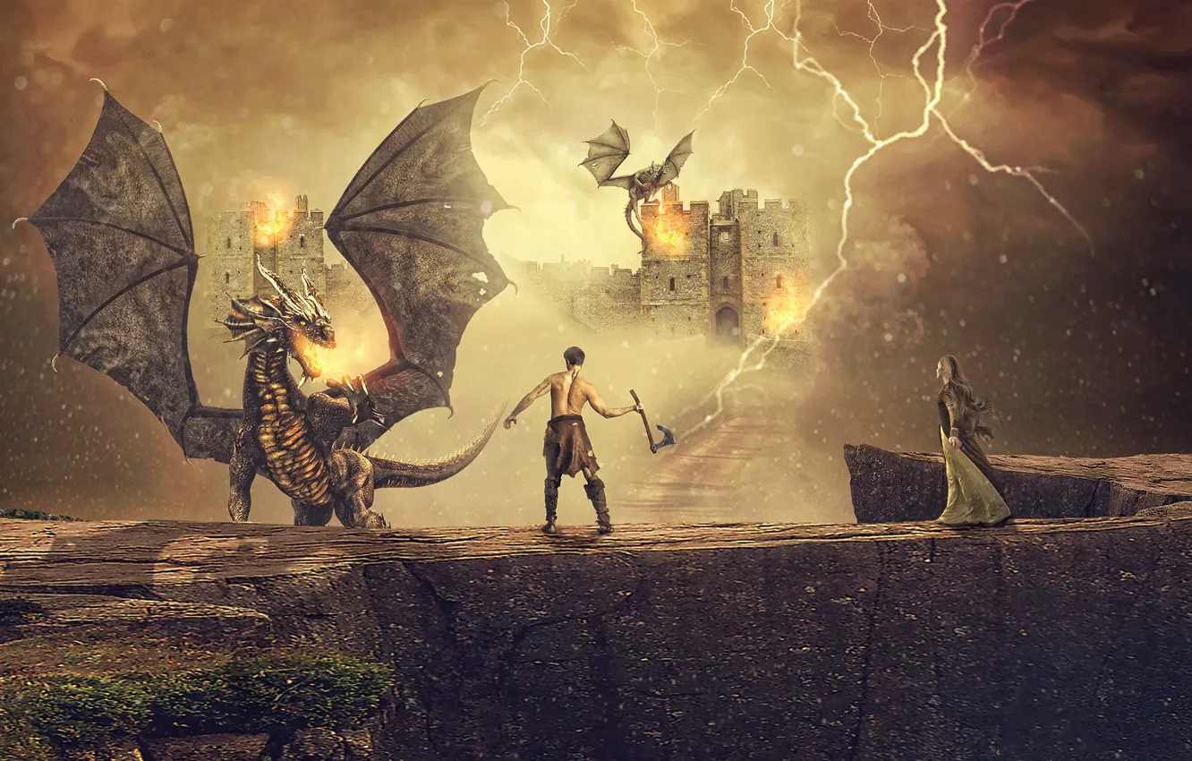 Photo wallpaper Girl, Dragon, Lightning, Castle, Axe, Wings, Fantasy, Male
