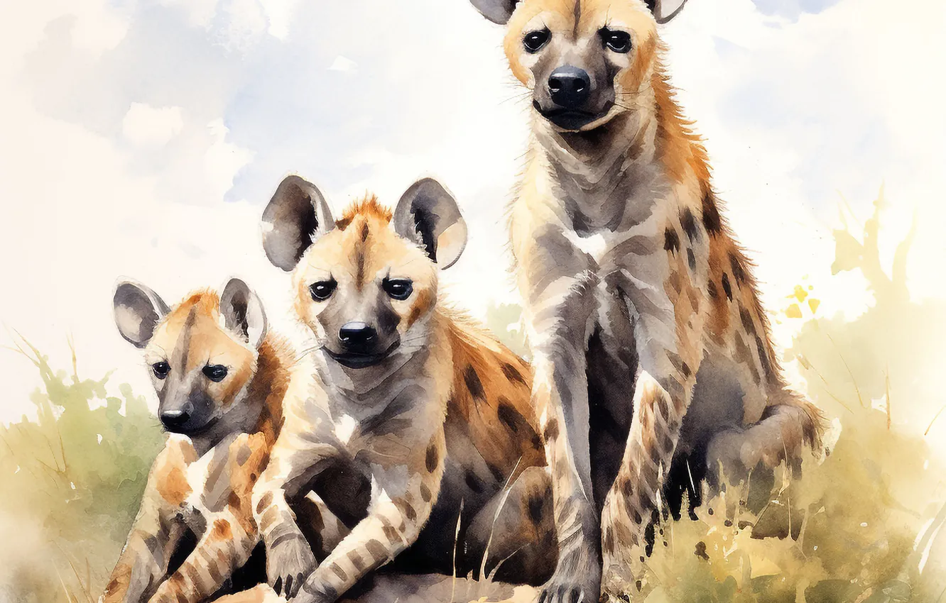 Photo wallpaper art, hyena, three, digital art, imitation painting, AI art, The Art of Artificial Intelligence, neural …