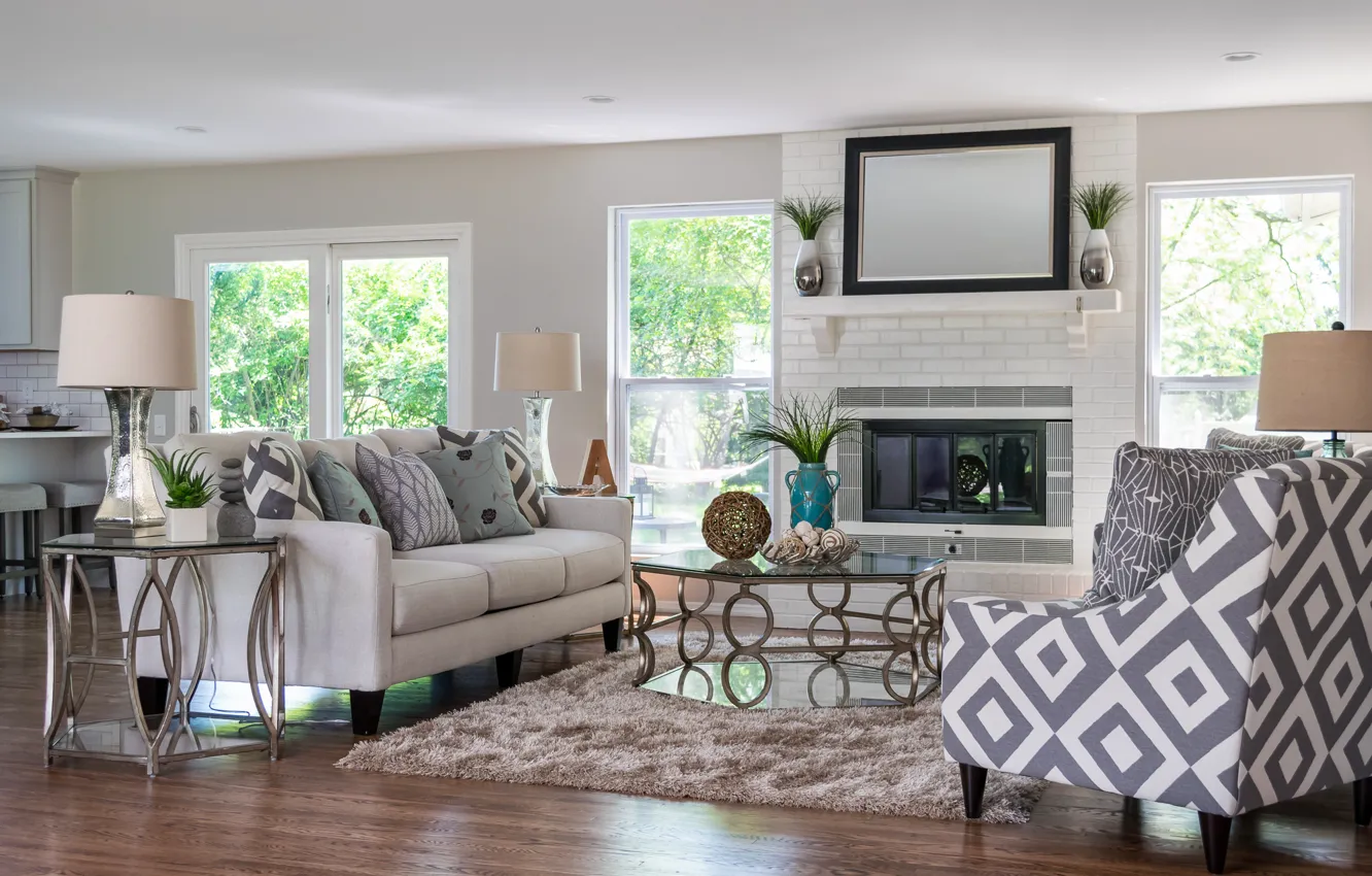 Photo wallpaper design, sofa, fireplace, living room, decor