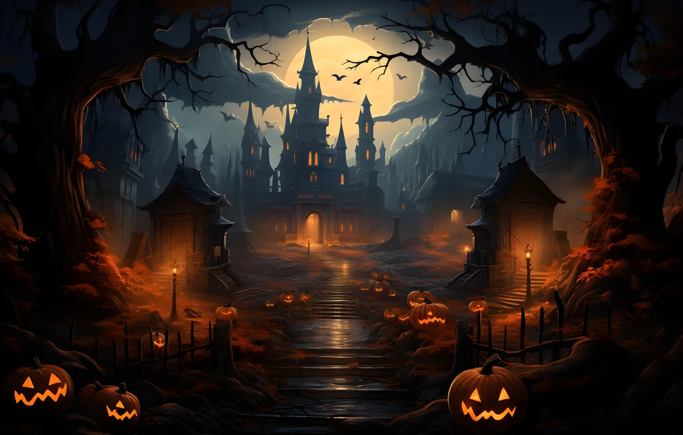 Photo wallpaper road, trees, night, clouds, lights, the moon, home, lights