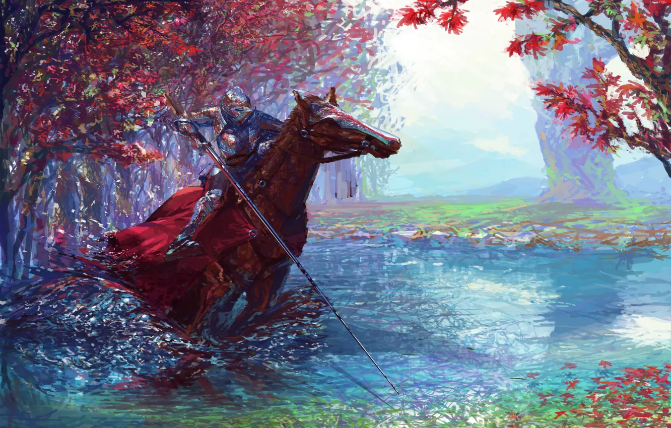 Photo wallpaper colorful, fantasy, forest, river, armor, trees, weapon, horse