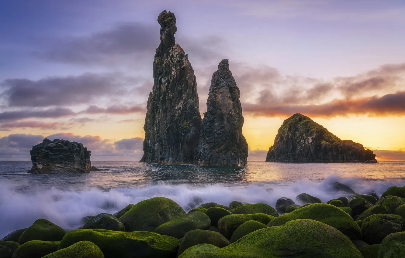 Photo wallpaper sea, sunset, rocks, shore