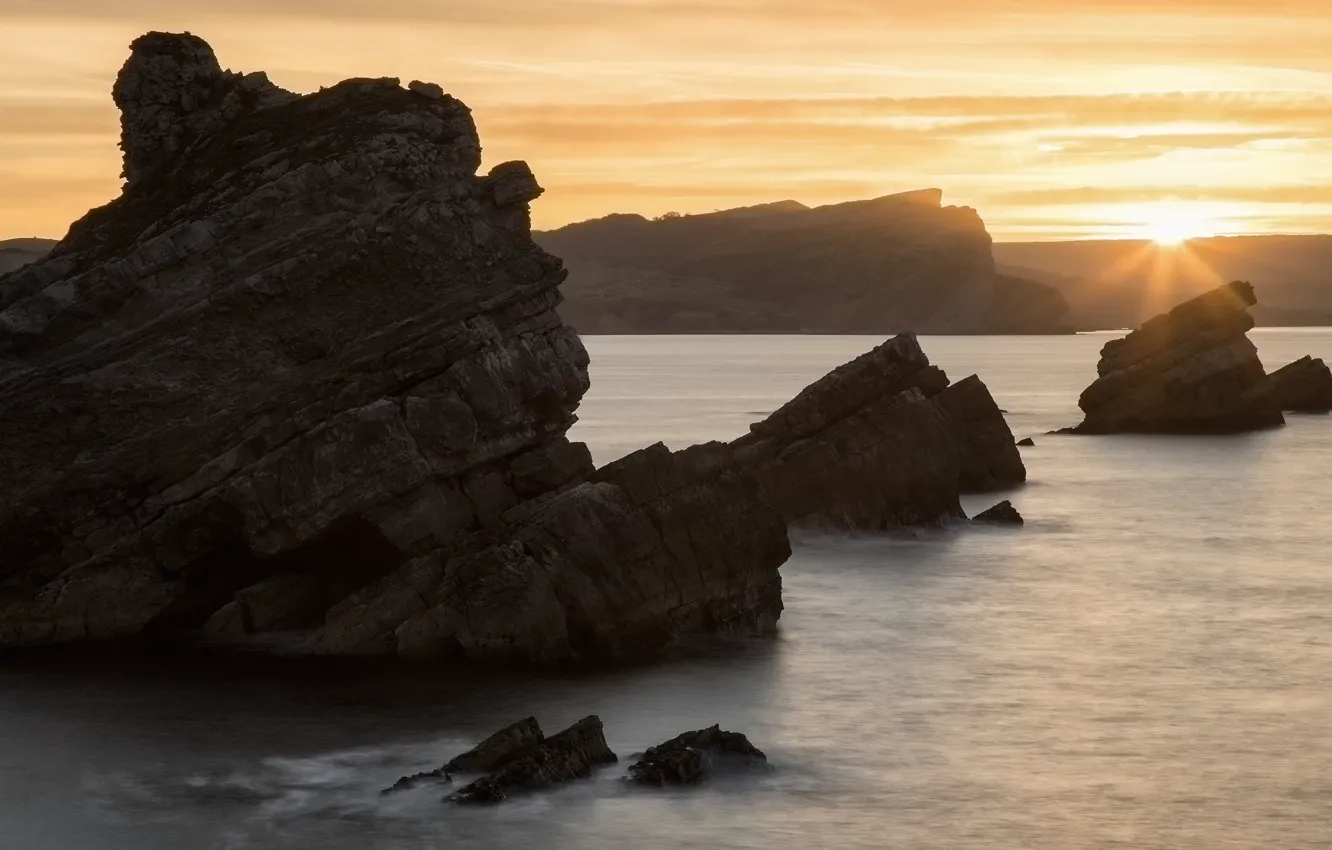 Photo wallpaper sea, the sun, sunset, rocks, dawn, shore