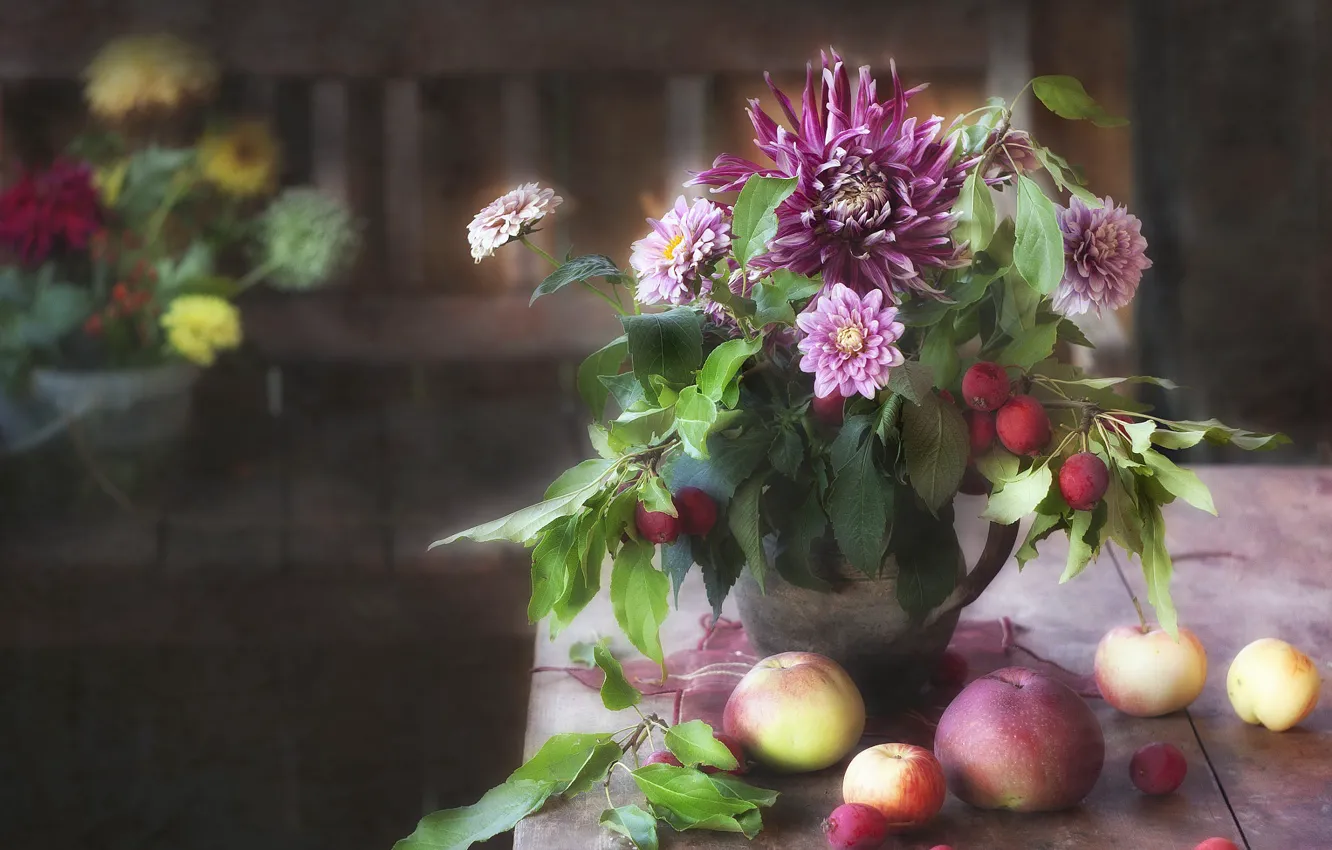 Photo wallpaper flowers, apples, bouquet, still life