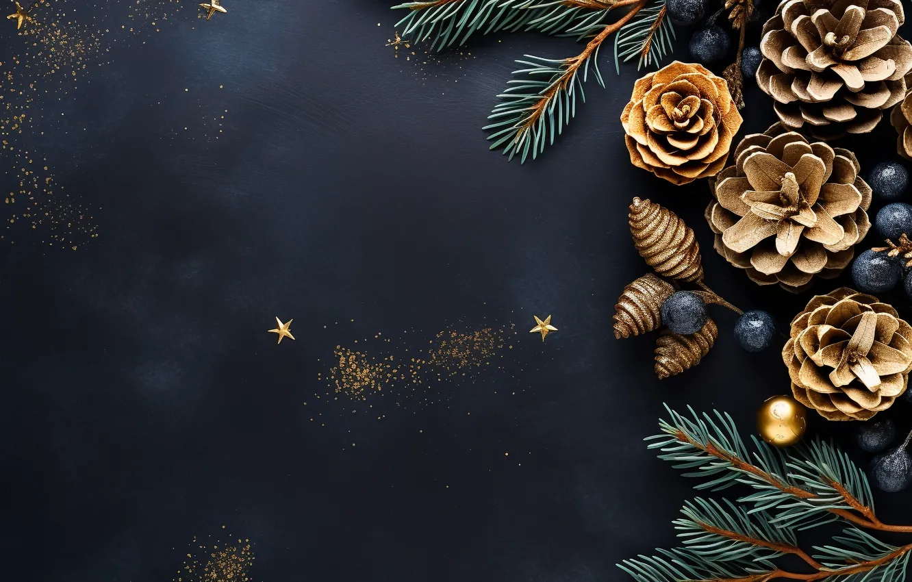 Photo wallpaper balls, branches, new year, Christmas, gold, gold plated, needles, bumps