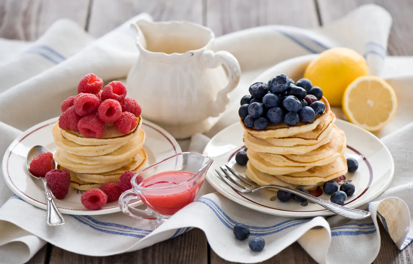 Photo wallpaper berries, raspberry, blueberries, sauce, lemons, pancakes, pancakes