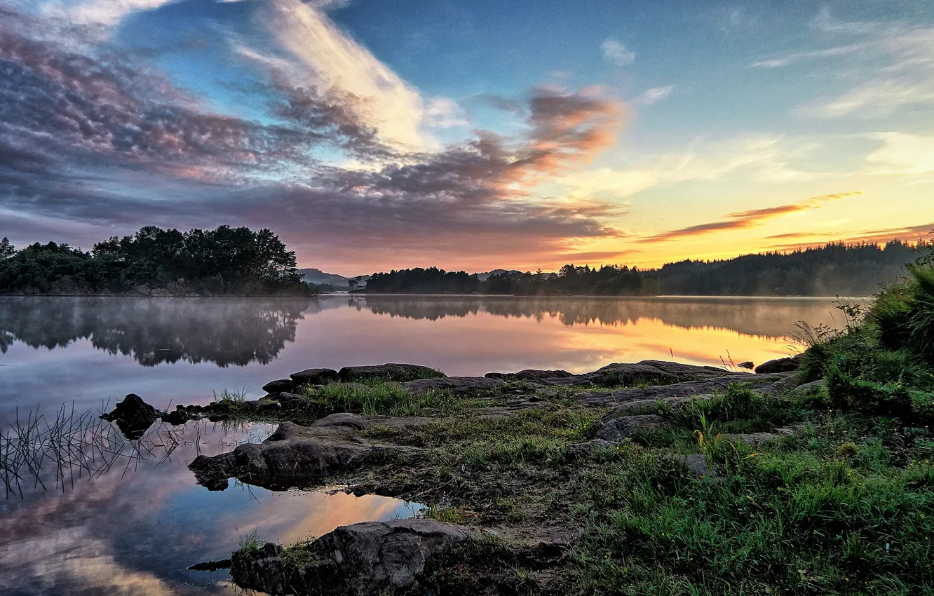 Photo wallpaper lake, calm, silence, morning, Norway