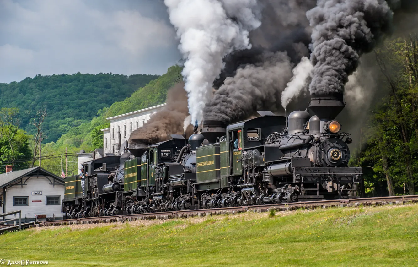 Photo wallpaper Trees, Smoke, The engine, Rails, Couples, The engine system Neck