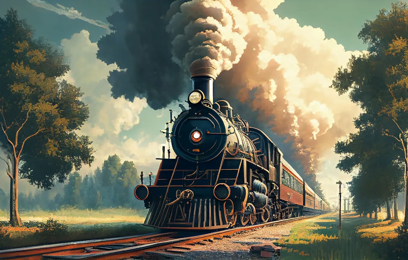 Photo wallpaper trees, smoke, the engine, railroad, digital art, AI art, The Art of Artificial Intelligence, neural …