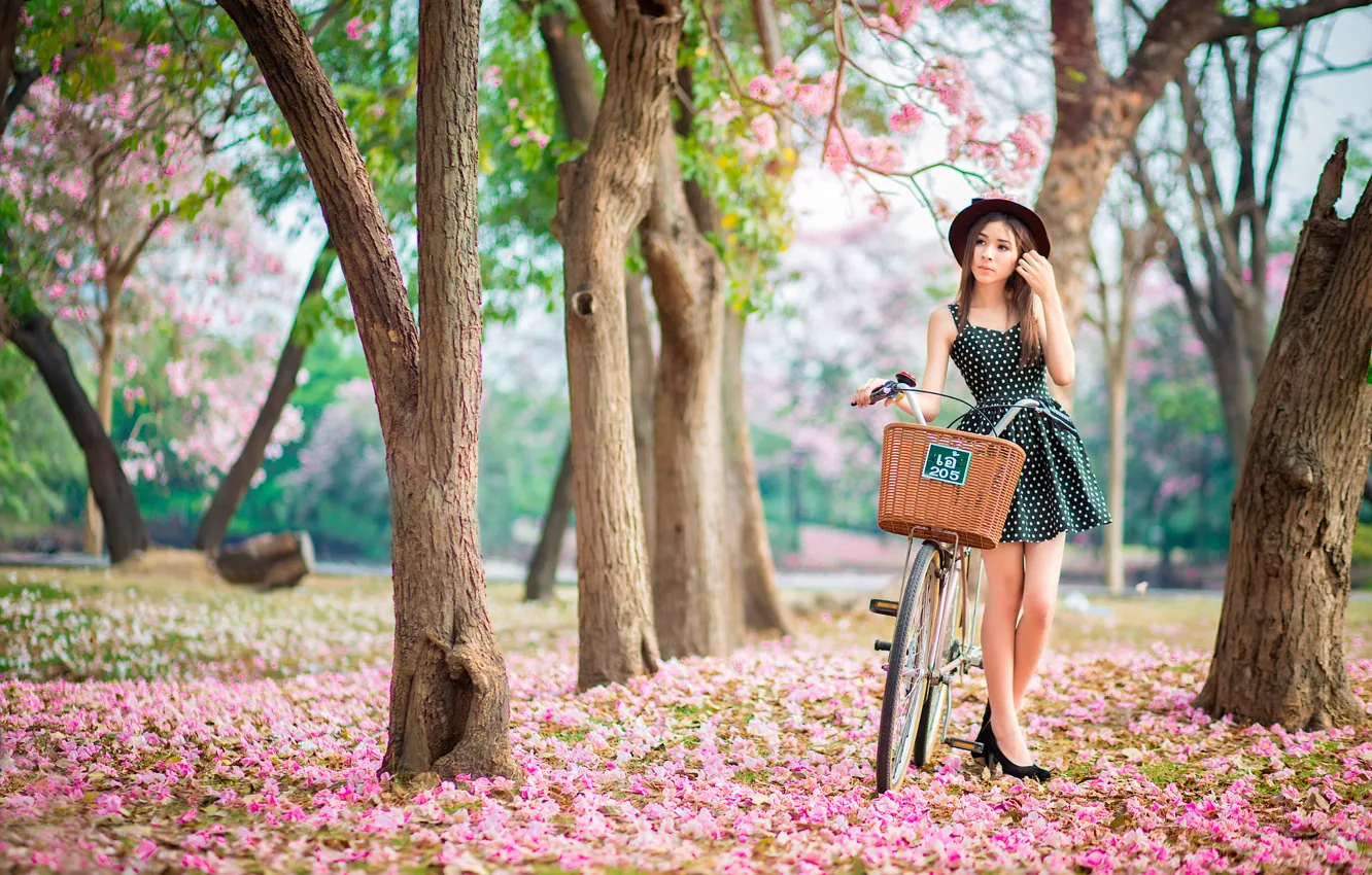 Photo wallpaper girl, bike, spring, flowering, pink garden