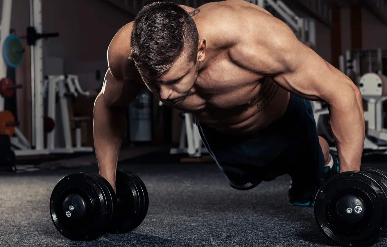 Photo wallpaper pose, muscle, training, athlete, dumbbells, biceps, bodybuilder, training