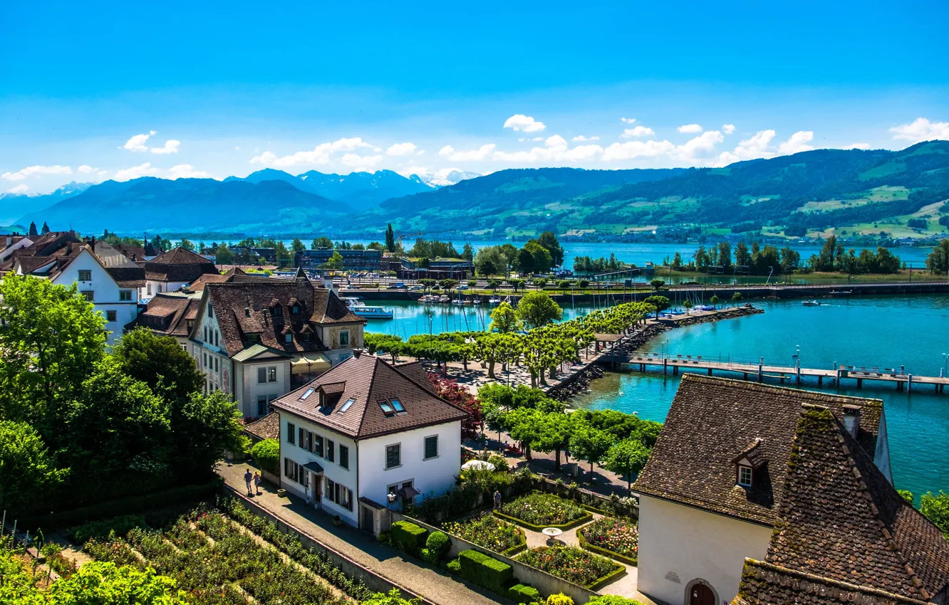 Photo wallpaper mountains, lake, shore, home, Switzerland, Sunny, Rapperswil
