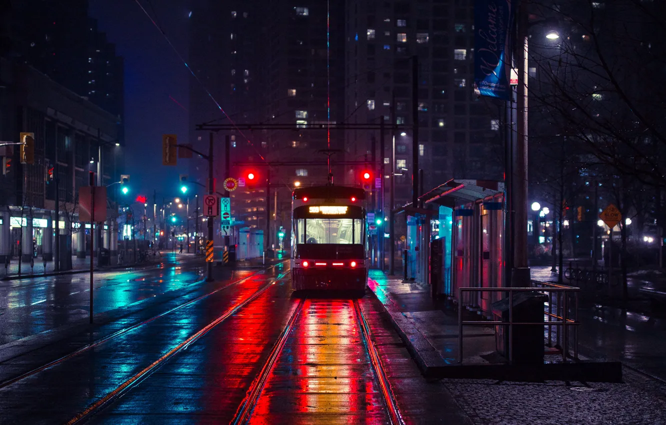 Photo wallpaper street, Canada, tram, Toronto, Canada, night city, Toronto, tram
