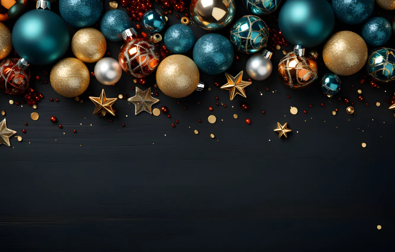 Photo wallpaper decoration, the dark background, balls, new year, Christmas, dark, golden, Christmas