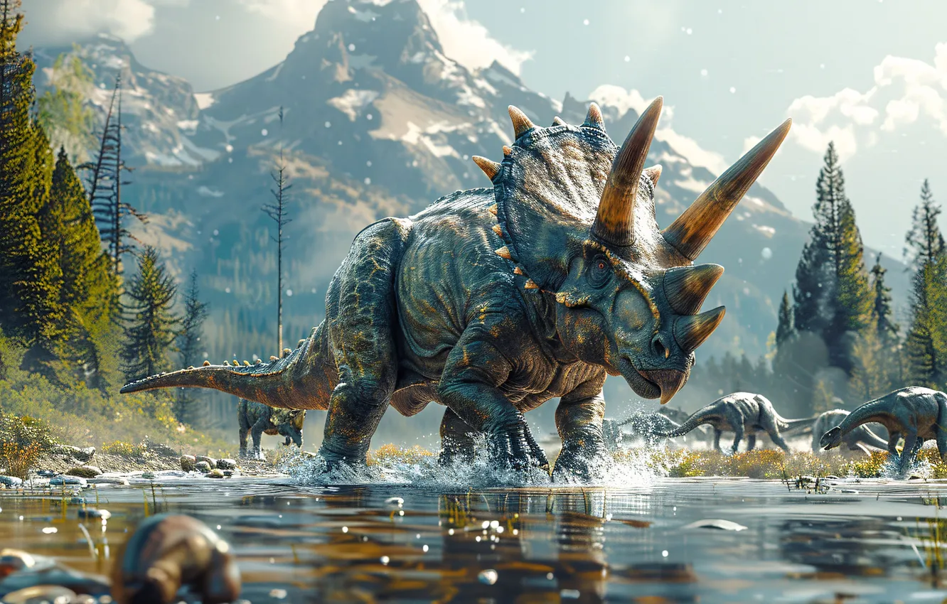 Photo wallpaper water, trees, mountains, animal, dinosaur, horns, Triceratops, digital art