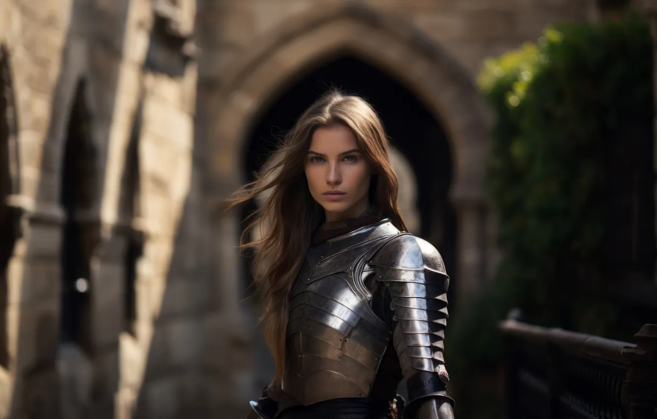 Photo wallpaper look, girl, light, pose, castle, armor, warrior, rider