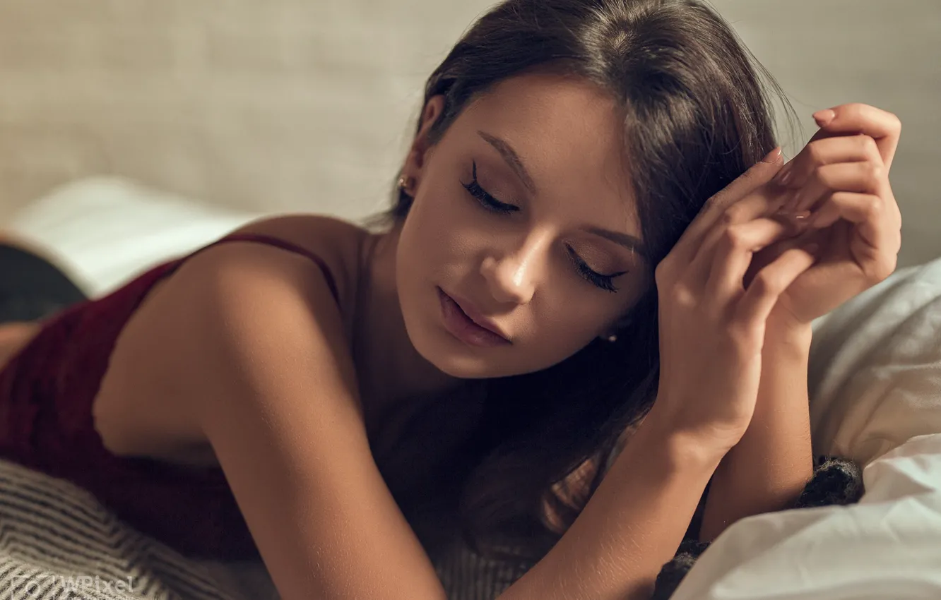 Photo wallpaper girl, face, pose, hands, closed eyes, Wojtek Polaczkiewicz, Dorota Zadeberna