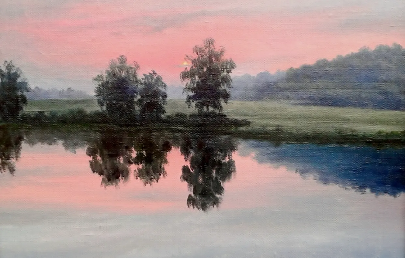 Photo wallpaper summer, the sky, trees, landscape, sunset, fog, lake, reflection