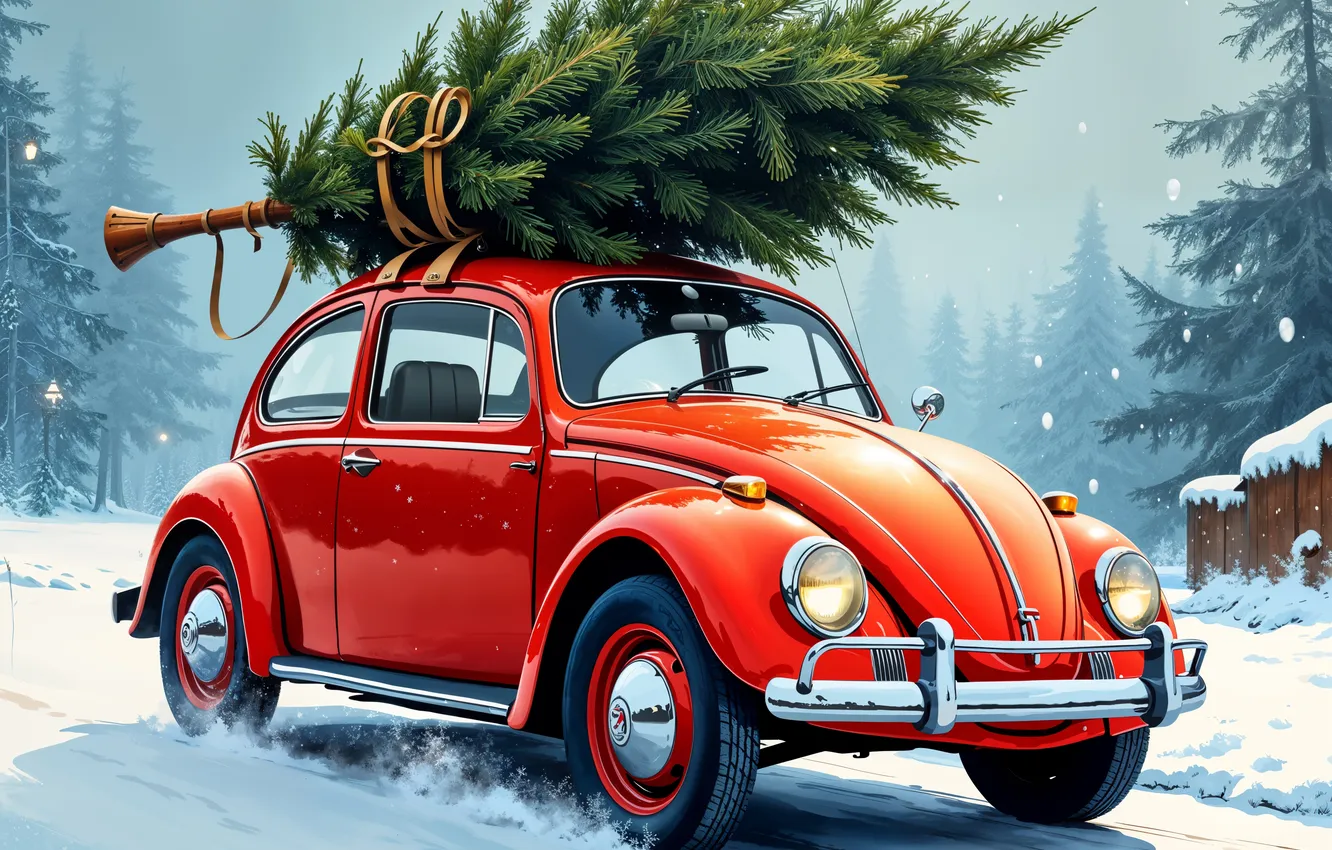 Photo wallpaper winter, road, machine, forest, snow, red, retro, new year