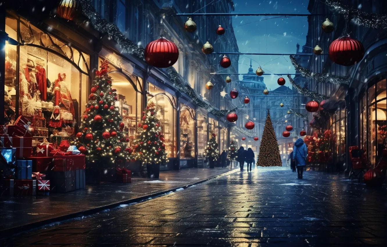 Photo wallpaper winter, snow, decoration, night, the city, lights, balls, street