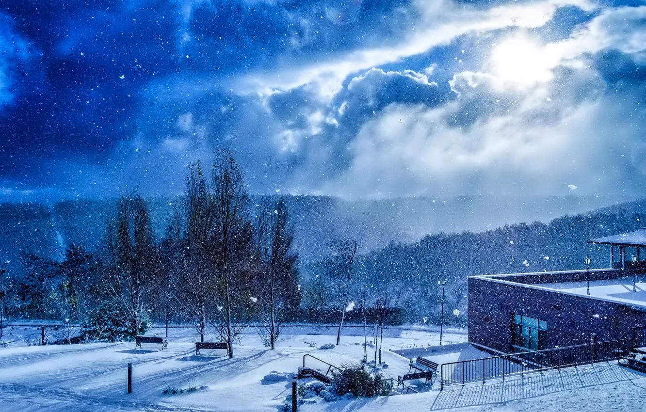 Photo wallpaper the sky, clouds, snow, trees, the building, Winter, benches