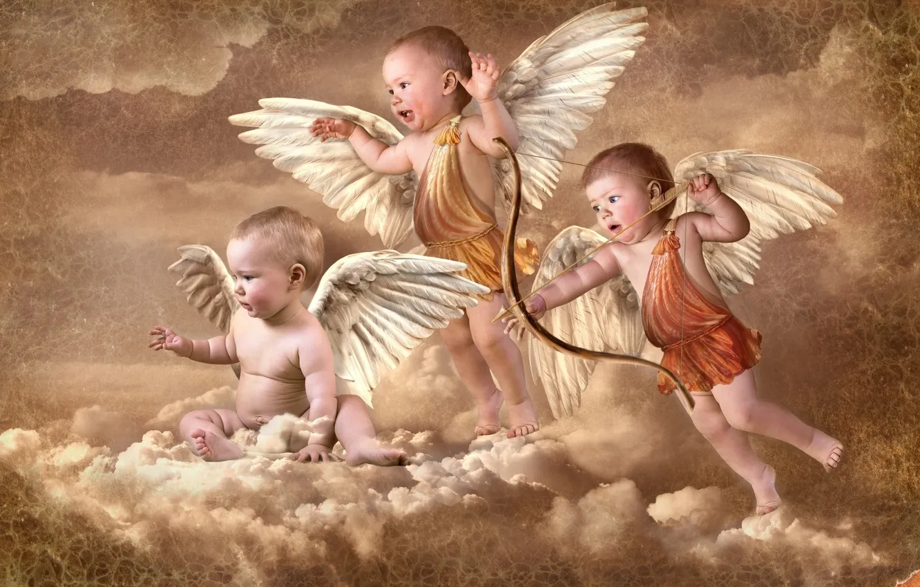 Photo wallpaper clouds, Cupid, wings, bow, arrows, Cupid, angel