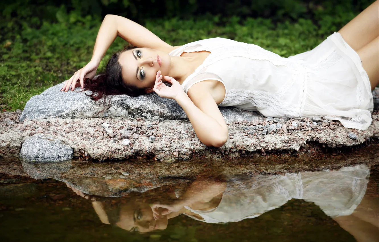 Photo wallpaper LOOK, NATURE, STONE, WATER, BRUNETTE, REFLECTION, MIRROR