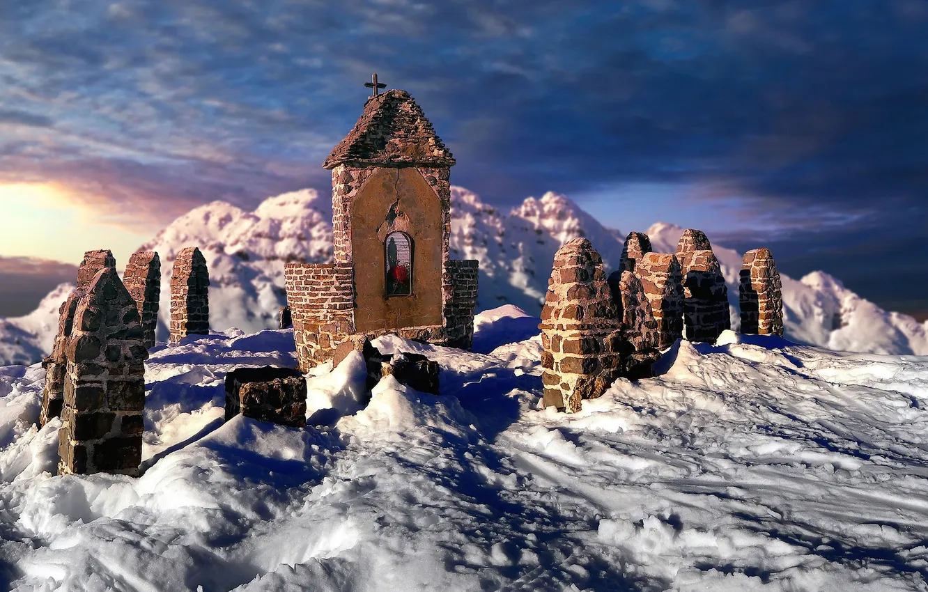 Photo wallpaper snow, mountains, chapel
