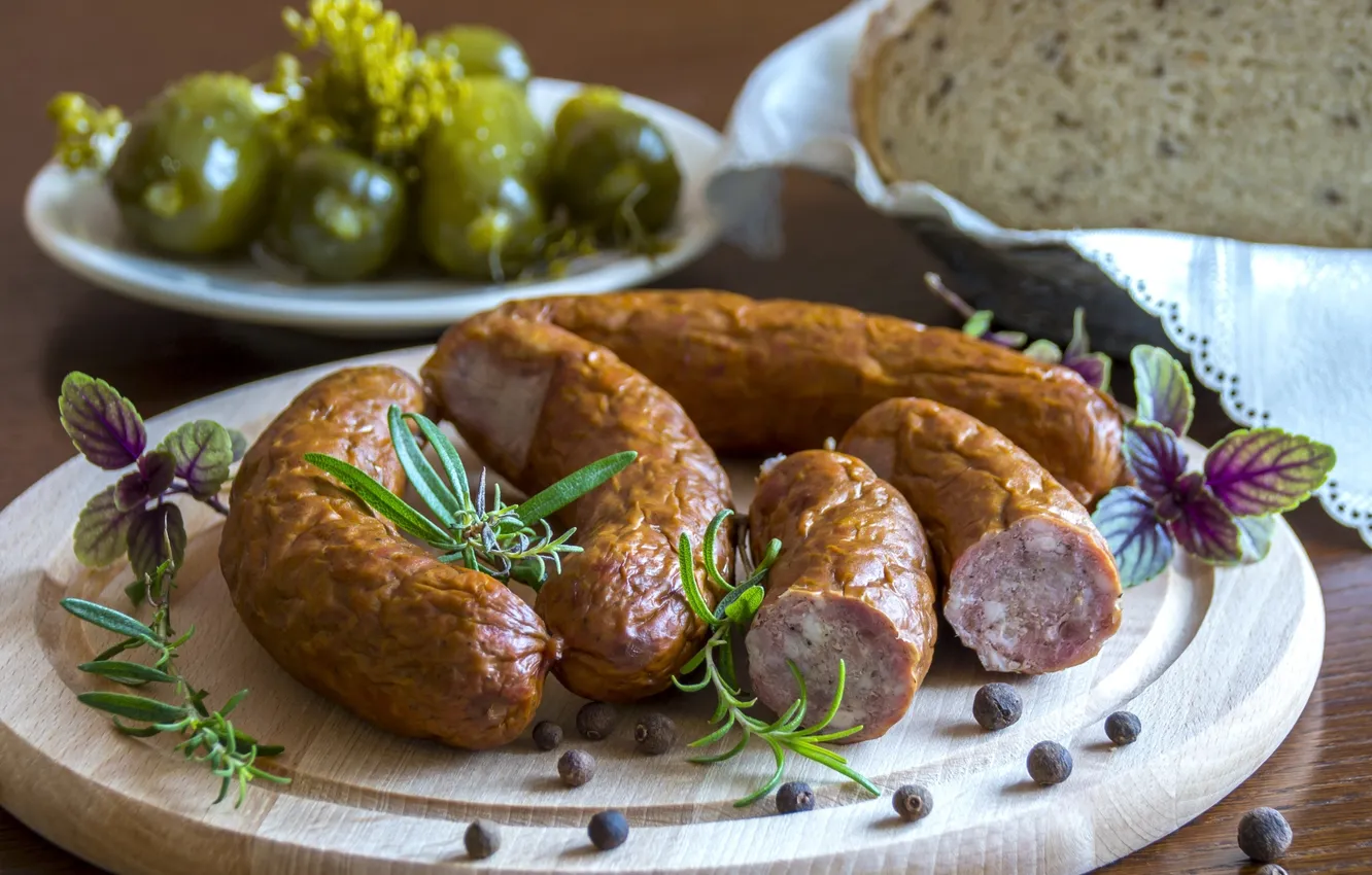 Photo wallpaper bread, sausage, cucumbers, spices