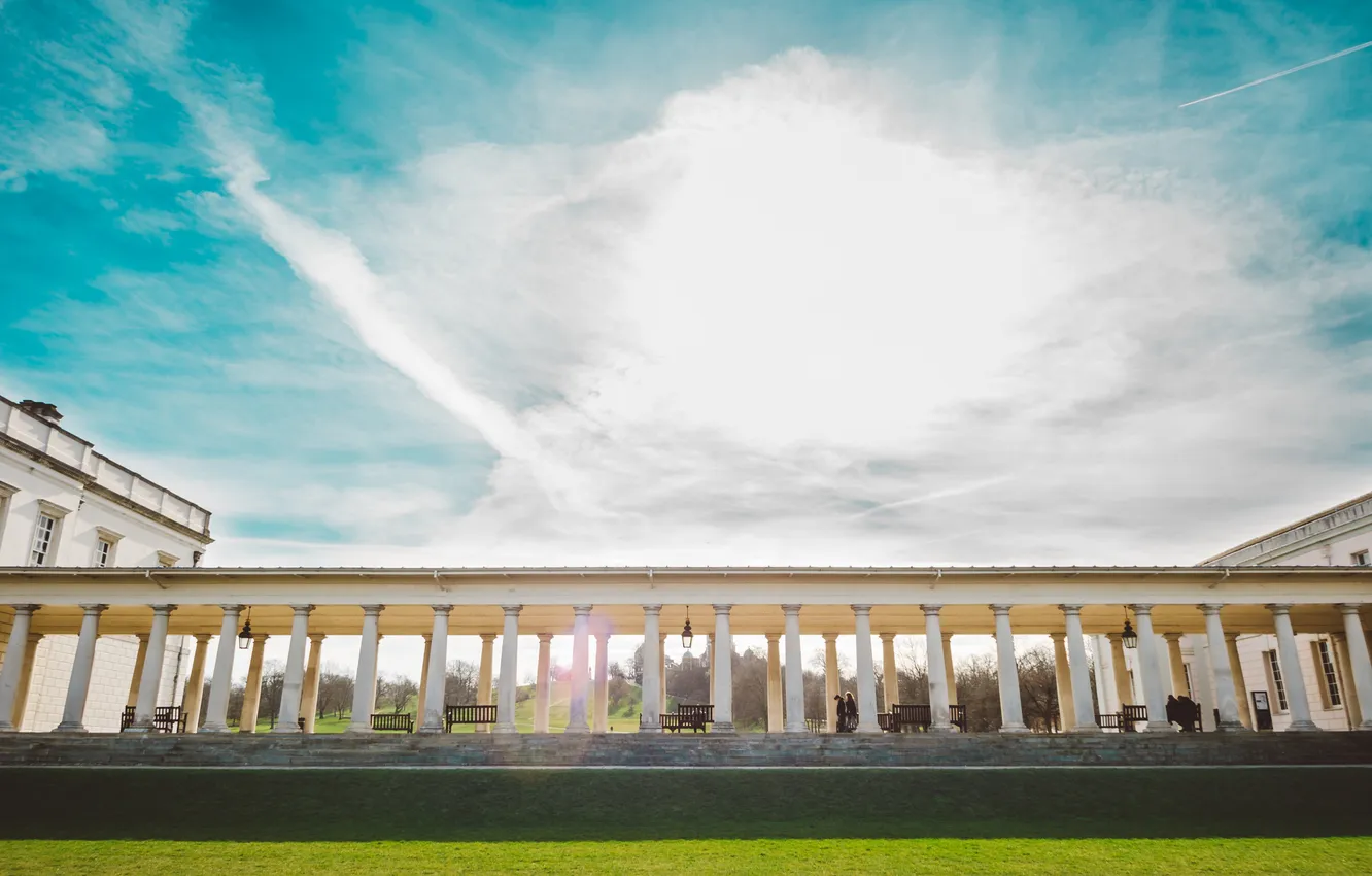 Photo wallpaper the sky, people, columns, College, Old Royal Naval College, Greenwich